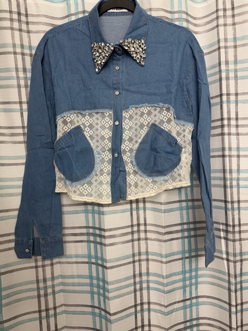 Jeweled Collar Cropped Denim Shirt with Lace Inset